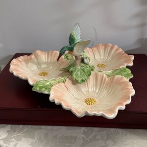 Vintage Fitz & Floyd 1987 Hummingbird Hibiscus 3 Section Serving Dish, 11 3/4" W